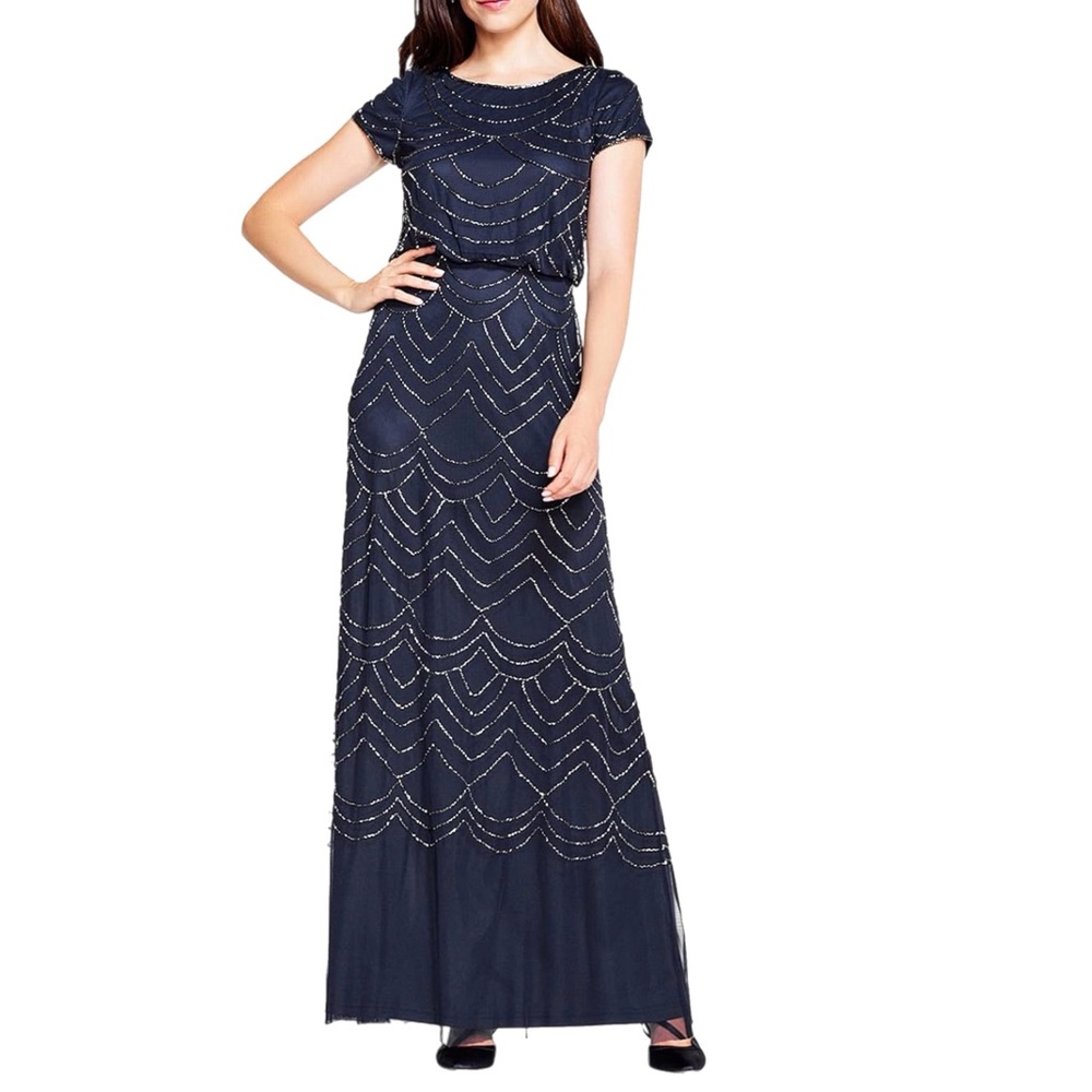 NWOT $229 MSRP Adrianna Papell Navy Beaded Blouson Art Deco Evening Gown Size 6
